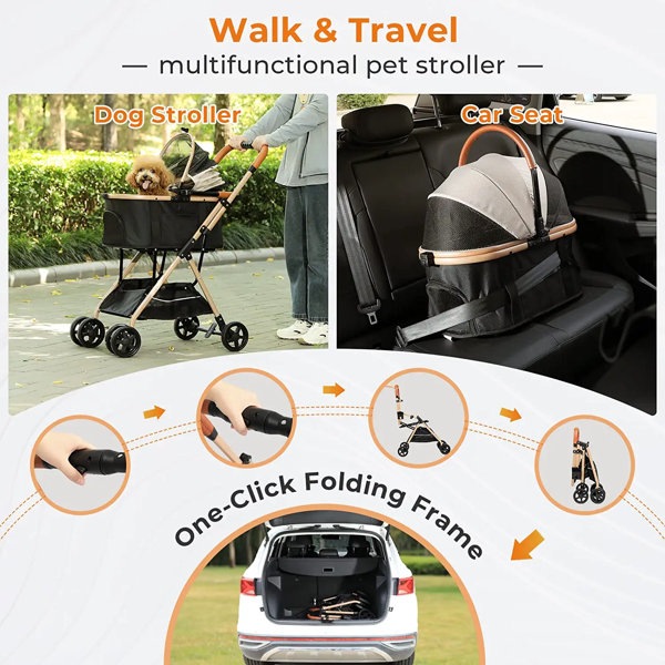 VIAGDO Pet Stroller Premium 3in1 For Medium Small Dogs Cats